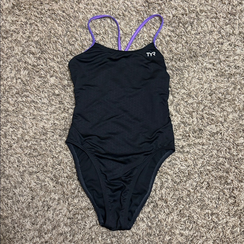 TYR Black and Purple Hexa Cutout Fit Swimsuit One Piece Sz 26 XS 🏊‍♀️